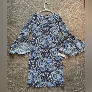 Womens Pencil Dress Size 6 Paisley Blue Black 3/4 Length Flared Sleeves NWT